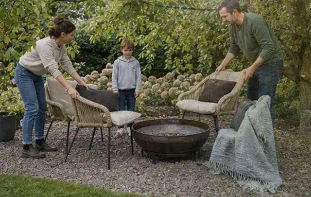 Familie stellt wetterfeste Sessel an einem geschützten Sitzplatz im Garten auf; Thema Poolheizungen, Schwerpunkt Systemvergleich; Ergebnis.