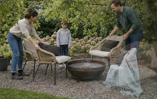 Familie stellt wetterfeste Sessel an einem geschützten Sitzplatz im Garten auf; Thema Poolheizungen, Schwerpunkt Testkriterien; Ergebnis.