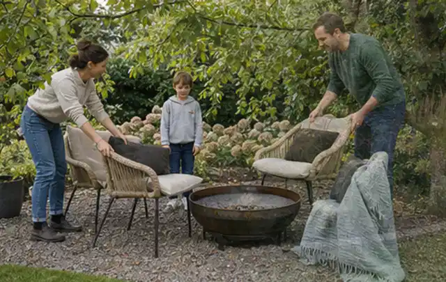 Familie stellt wetterfeste Sessel an einem geschützten Sitzplatz im Garten auf; Thema Poolheizungen, Schwerpunkt Vergleich; Umsetzung.
