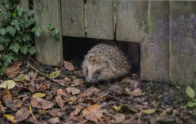 Igel nutzt einen bodennahen Durchgang unter einem hölzernen Gartenzaun; Thema Poolheizungen, Schwerpunkt Winterlager; Ergebnis.