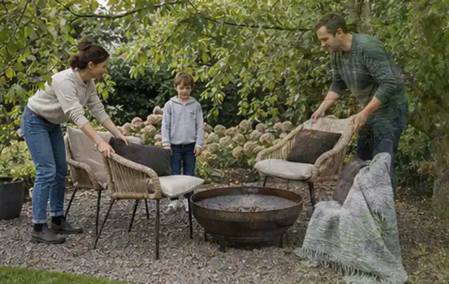 Familie stellt wetterfeste Sessel an einem geschützten Sitzplatz im Garten auf; Thema Poolheizungen, Schwerpunkt Winterlager; Praxisalltag.
