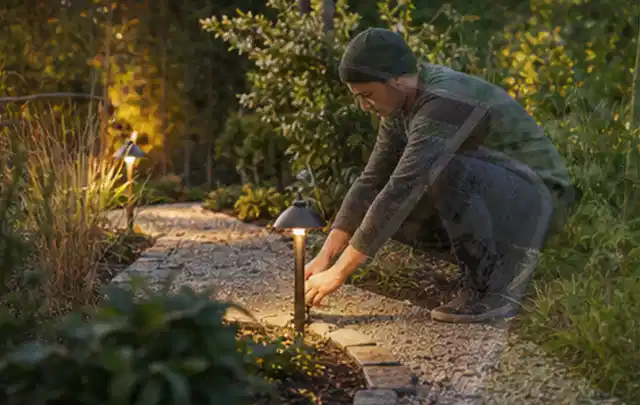 Person richtet eine niedrige warm leuchtende Gartenlampe am Kiesweg aus; Thema Poolpflege, Schwerpunkt Anwendung; Ausgangslage.