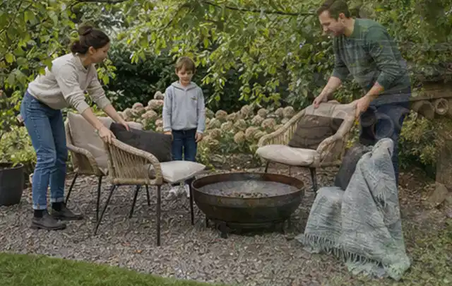 Familie stellt wetterfeste Sessel an einem geschützten Sitzplatz im Garten auf; Thema Poolpflege, Schwerpunkt Anwendung; Umsetzung.