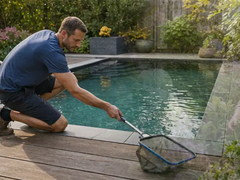 Person entfernt Blätter mit einem Kescher aus einem kleinen Gartenpool; Thema Poolpflege, Schwerpunkt Bestenliste; Titelbild.