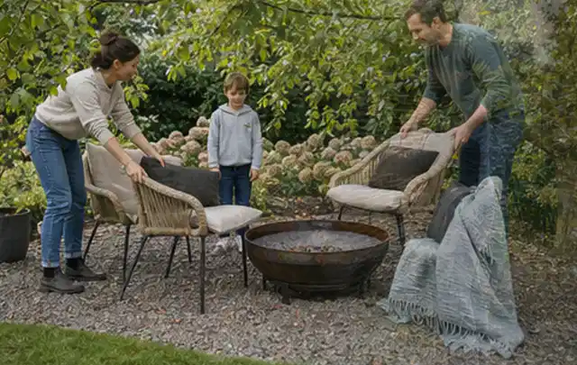 Familie stellt wetterfeste Sessel an einem geschützten Sitzplatz im Garten auf; Thema Poolpflege, Schwerpunkt Bestenliste; Praxisalltag.
