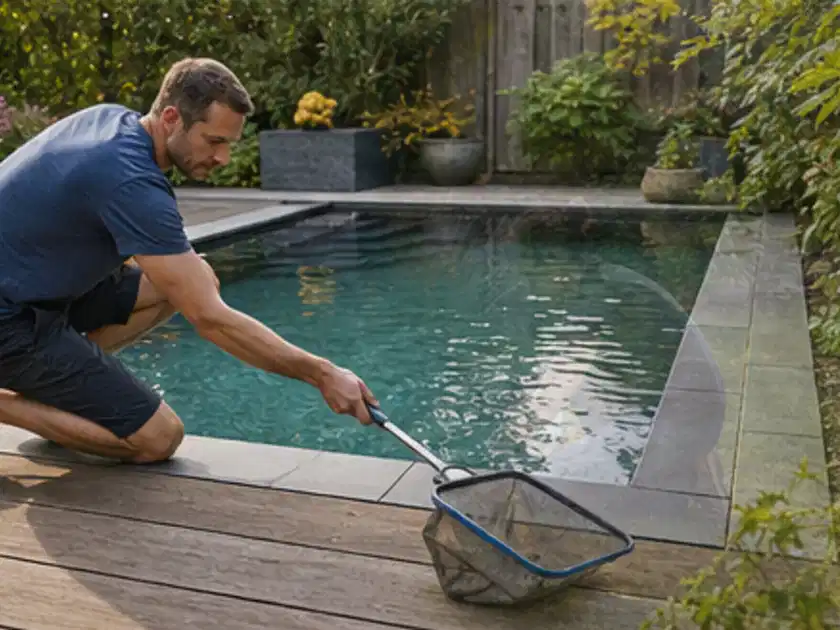 Person entfernt Blätter mit einem Kescher aus einem kleinen Gartenpool; Thema Poolpflege, Schwerpunkt Checkliste; Titelbild.