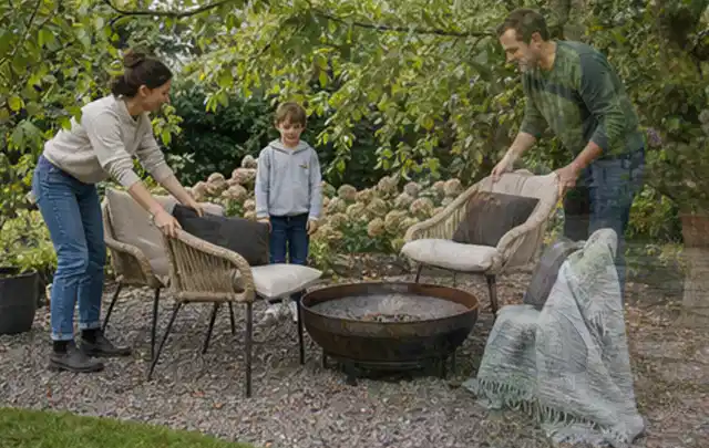 Familie stellt wetterfeste Sessel an einem geschützten Sitzplatz im Garten auf; Thema Poolpflege, Schwerpunkt Checkliste; Kontrolle.