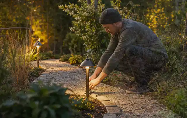 Person richtet eine niedrige warm leuchtende Gartenlampe am Kiesweg aus; Thema Poolpflege, Schwerpunkt Checkliste; Praxisalltag.
