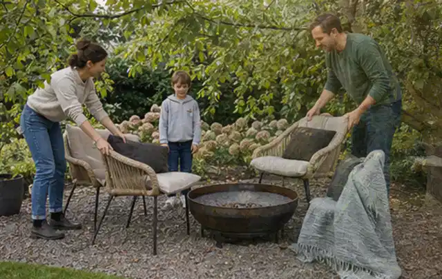 Familie stellt wetterfeste Sessel an einem geschützten Sitzplatz im Garten auf; Thema Poolpflege, Schwerpunkt Fehlerhilfe; Umsetzung.