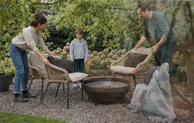Familie stellt wetterfeste Sessel an einem geschützten Sitzplatz im Garten auf; Thema Poolpflege, Schwerpunkt Kaufberatung; Ausgangslage.
