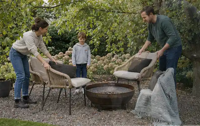 Familie stellt wetterfeste Sessel an einem geschützten Sitzplatz im Garten auf; Thema Poolpflege, Schwerpunkt Nachhaltigkeit; Praxisalltag.