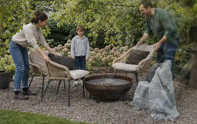 Familie stellt wetterfeste Sessel an einem geschützten Sitzplatz im Garten auf; Thema Poolpflege, Schwerpunkt Reinigung; Ergebnis.