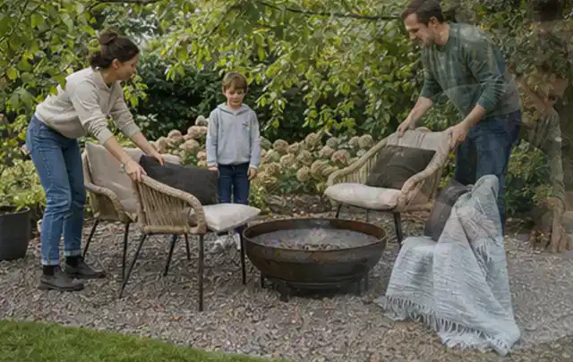 Familie stellt wetterfeste Sessel an einem geschützten Sitzplatz im Garten auf; Thema Poolpflege, Schwerpunkt Sicherheit; Umsetzung.