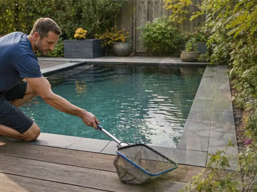 Person entfernt Blätter mit einem Kescher aus einem kleinen Gartenpool; Thema Poolpflege, Schwerpunkt Systemvergleich; Titelbild.