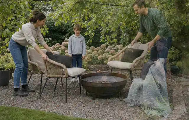 Familie stellt wetterfeste Sessel an einem geschützten Sitzplatz im Garten auf; Thema Poolpflege, Schwerpunkt Systemvergleich; Ausgangslage.