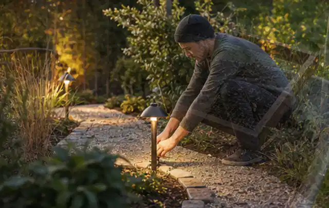 Person richtet eine niedrige warm leuchtende Gartenlampe am Kiesweg aus; Thema Poolpflege, Schwerpunkt Systemvergleich; Ergebnis.