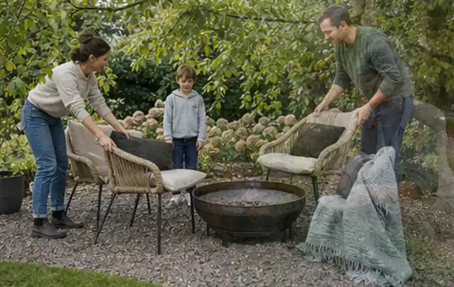Familie stellt wetterfeste Sessel an einem geschützten Sitzplatz im Garten auf; Thema Poolpflege, Schwerpunkt Testkriterien; Ausgangslage.