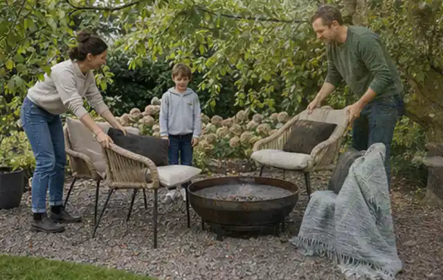 Familie stellt wetterfeste Sessel an einem geschützten Sitzplatz im Garten auf; Thema Poolpflege, Schwerpunkt Vergleich; Praxisalltag.
