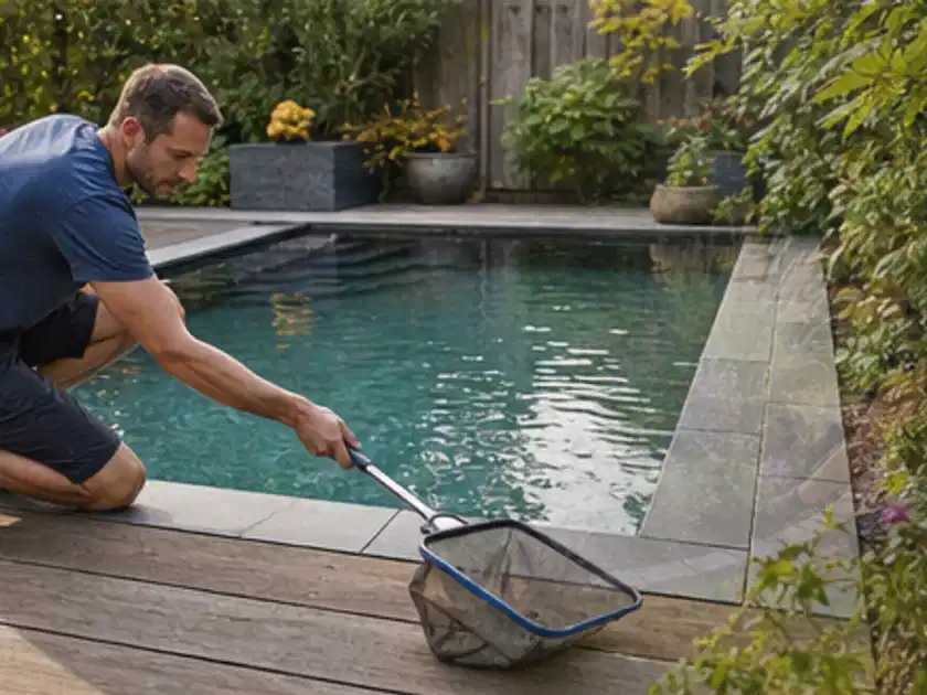 Person entfernt Blätter mit einem Kescher aus einem kleinen Gartenpool; Thema Poolpumpen, Schwerpunkt Anwendung; Titelbild.