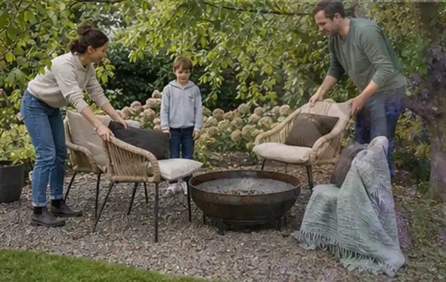 Familie stellt wetterfeste Sessel an einem geschützten Sitzplatz im Garten auf; Thema Poolpumpen, Schwerpunkt Anwendung; Kontrolle.