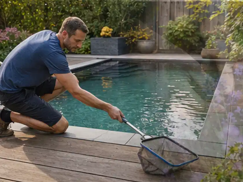 Person entfernt Blätter mit einem Kescher aus einem kleinen Gartenpool; Thema Poolpumpen, Schwerpunkt Bestenliste; Titelbild.