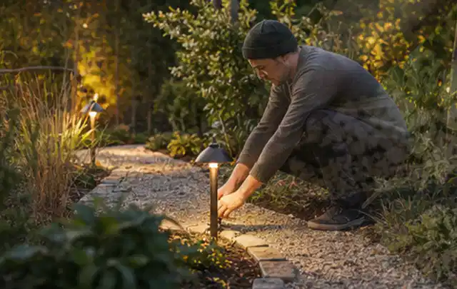 Person richtet eine niedrige warm leuchtende Gartenlampe am Kiesweg aus; Thema Poolpumpen, Schwerpunkt Bestenliste; Umsetzung.