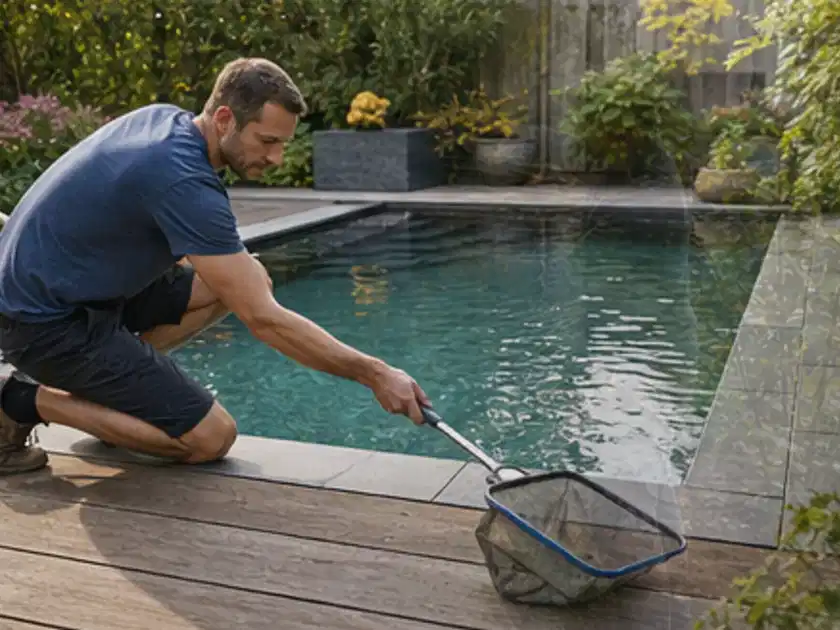 Person entfernt Blätter mit einem Kescher aus einem kleinen Gartenpool; Thema Poolpumpen, Schwerpunkt Checkliste; Titelbild.