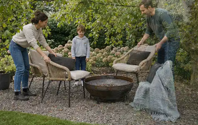 Familie stellt wetterfeste Sessel an einem geschützten Sitzplatz im Garten auf; Thema Poolpumpen, Schwerpunkt Checkliste; Ausgangslage.