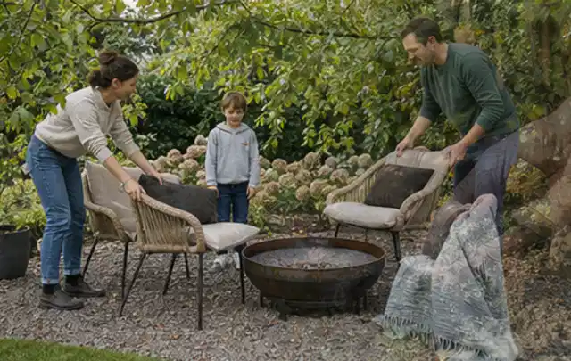 Familie stellt wetterfeste Sessel an einem geschützten Sitzplatz im Garten auf; Thema Poolpumpen, Schwerpunkt Dimensionierung; Kontrolle.