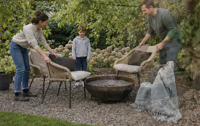 Familie stellt wetterfeste Sessel an einem geschützten Sitzplatz im Garten auf; Thema Poolpumpen, Schwerpunkt Ersatzteile; Praxisalltag.