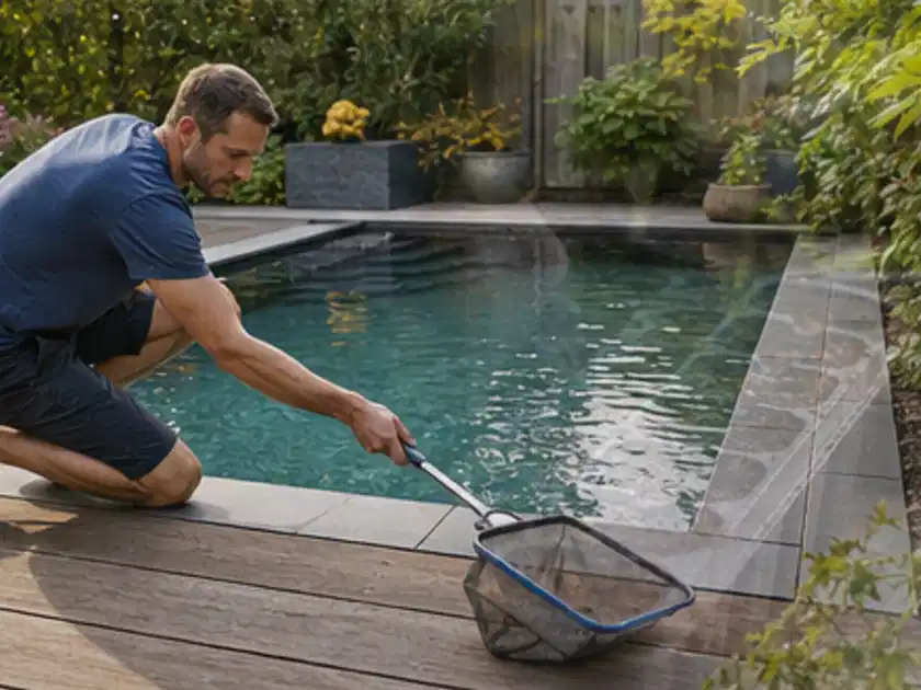 Person entfernt Blätter mit einem Kescher aus einem kleinen Gartenpool; Thema Poolpumpen, Schwerpunkt Fehlerhilfe; Titelbild.