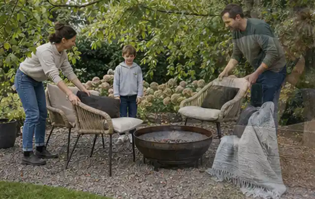 Familie stellt wetterfeste Sessel an einem geschützten Sitzplatz im Garten auf; Thema Poolpumpen, Schwerpunkt Fehlerhilfe; Ergebnis.