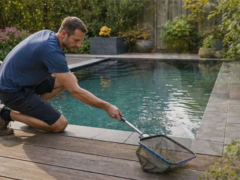 Person entfernt Blätter mit einem Kescher aus einem kleinen Gartenpool; Thema Poolpumpen, Schwerpunkt Gärten mit großer Fläche; Titelbild.