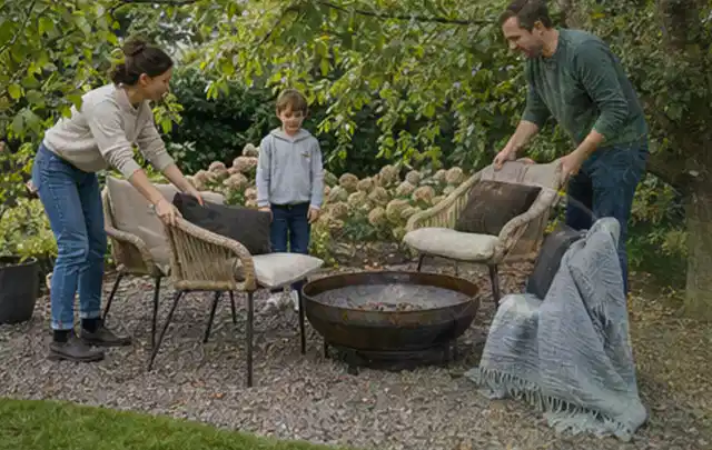 Familie stellt wetterfeste Sessel an einem geschützten Sitzplatz im Garten auf; Thema Poolpumpen, Schwerpunkt Gärten mit großer Fläche; Umsetzung.