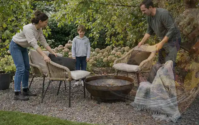Familie stellt wetterfeste Sessel an einem geschützten Sitzplatz im Garten auf; Thema Poolpumpen, Schwerpunkt Gärten mit kleiner Fläche; Umsetzung.