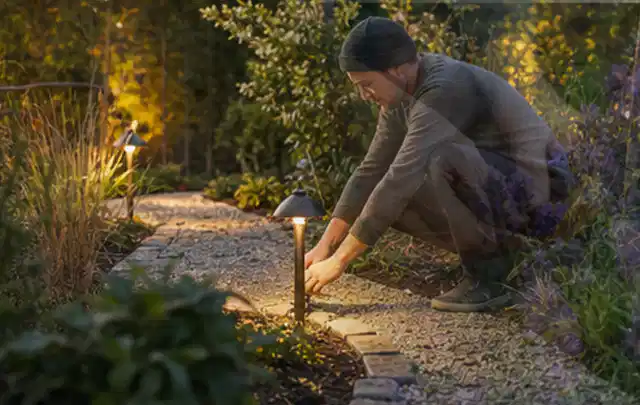 Person richtet eine niedrige warm leuchtende Gartenlampe am Kiesweg aus; Thema Poolpumpen, Schwerpunkt Gärten mit kleiner Fläche; Kontrolle.