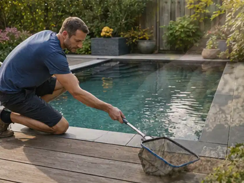 Person entfernt Blätter mit einem Kescher aus einem kleinen Gartenpool; Thema Poolpumpen, Schwerpunkt Kosten; Titelbild.