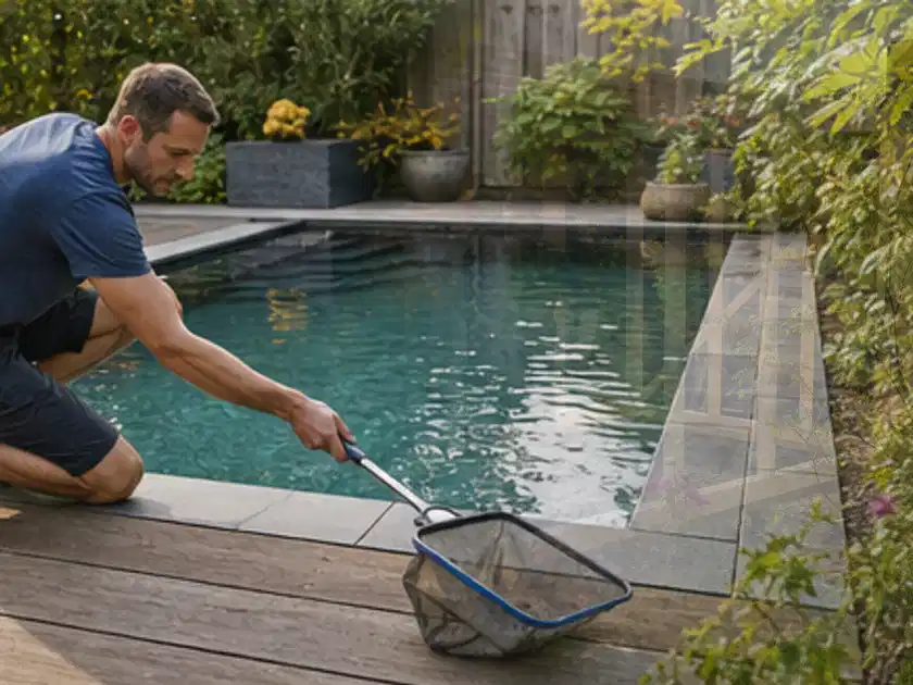 Person entfernt Blätter mit einem Kescher aus einem kleinen Gartenpool; Thema Poolpumpen, Schwerpunkt Leistung; Titelbild.