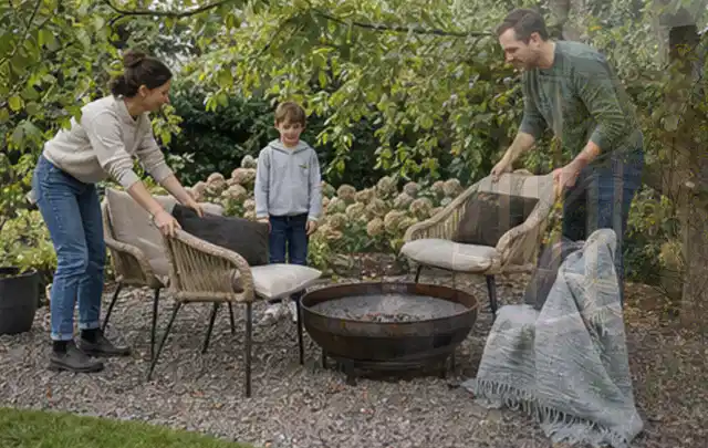 Familie stellt wetterfeste Sessel an einem geschützten Sitzplatz im Garten auf; Thema Poolpumpen, Schwerpunkt Leistung; Ausgangslage.