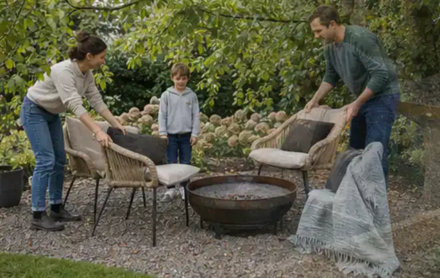 Familie stellt wetterfeste Sessel an einem geschützten Sitzplatz im Garten auf; Thema Poolpumpen, Schwerpunkt Nachhaltigkeit; Ergebnis.