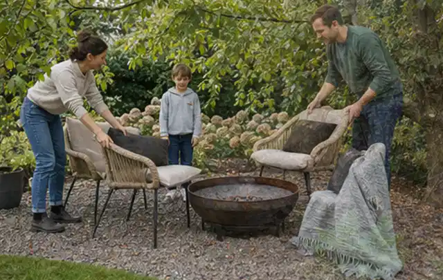 Familie stellt wetterfeste Sessel an einem geschützten Sitzplatz im Garten auf; Thema Poolpumpen, Schwerpunkt Pools; Ergebnis.