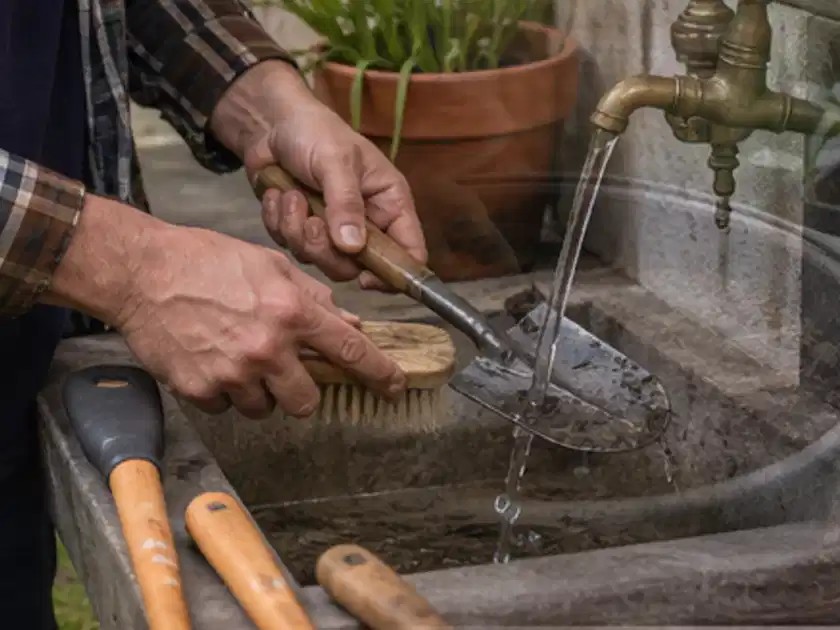 Hände reinigen gebrauchte Gartengeräte mit Bürste und Wasser am Außenbecken; Thema Poolpumpen, Schwerpunkt Reinigung; Titelbild.