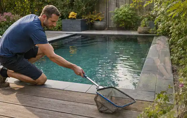 Person entfernt Blätter mit einem Kescher aus einem kleinen Gartenpool; Thema Poolpumpen, Schwerpunkt Reinigung; Umsetzung.