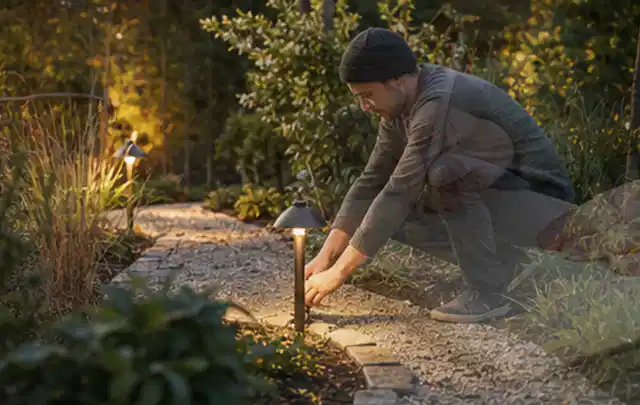 Person richtet eine niedrige warm leuchtende Gartenlampe am Kiesweg aus; Thema Poolpumpen, Schwerpunkt Reinigung; Ergebnis.