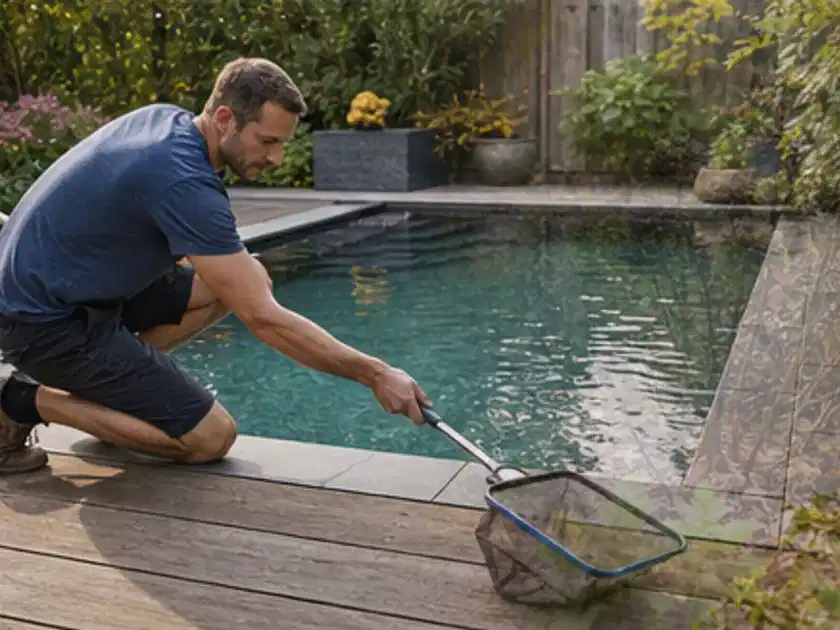 Person entfernt Blätter mit einem Kescher aus einem kleinen Gartenpool; Thema Poolpumpen, Schwerpunkt Reparatur; Titelbild.