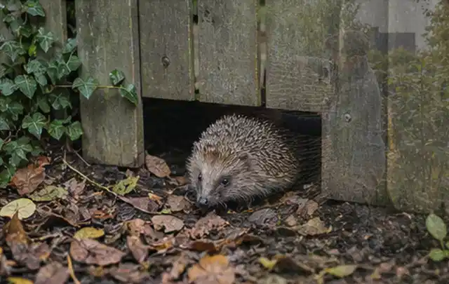 Igel nutzt einen bodennahen Durchgang unter einem hölzernen Gartenzaun; Thema Poolpumpen, Schwerpunkt Sicherheit; Praxisalltag.