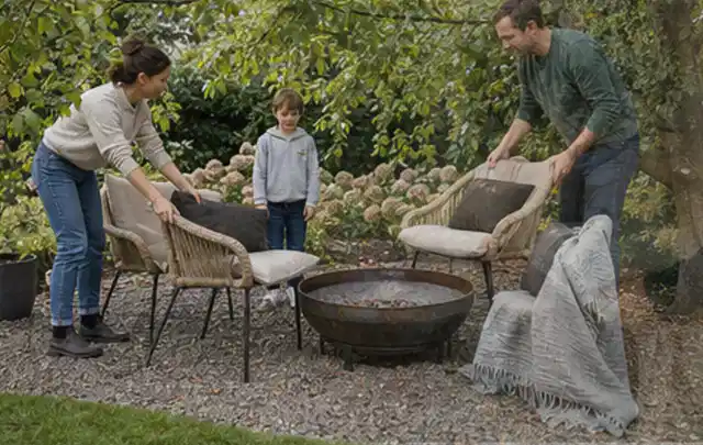 Familie stellt wetterfeste Sessel an einem geschützten Sitzplatz im Garten auf; Thema Poolpumpen, Schwerpunkt Systemvergleich; Ergebnis.