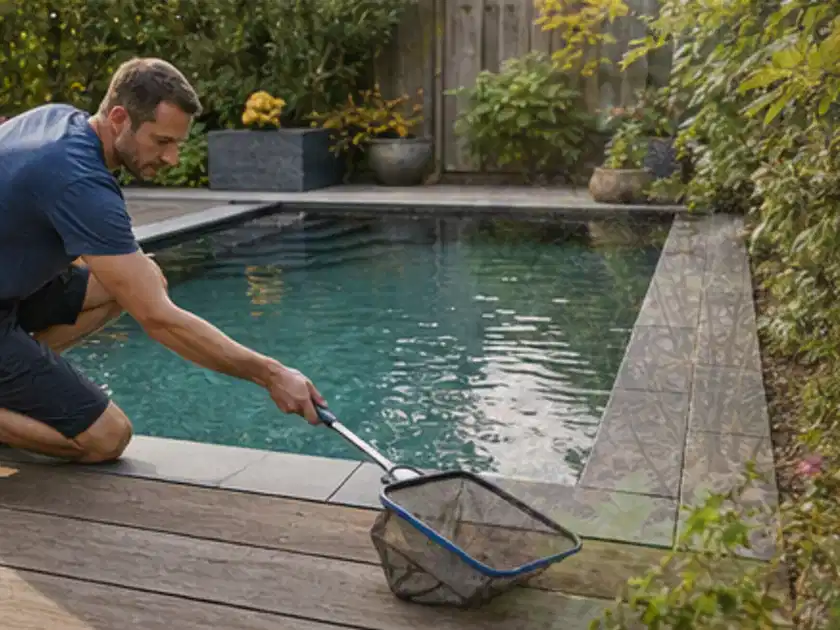 Person entfernt Blätter mit einem Kescher aus einem kleinen Gartenpool; Thema Poolpumpen, Schwerpunkt Testkriterien; Titelbild.