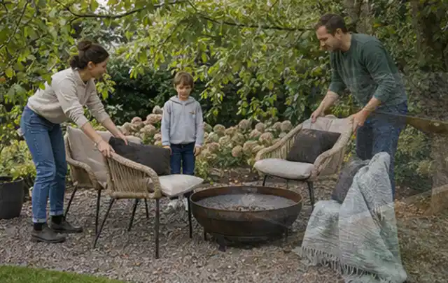 Familie stellt wetterfeste Sessel an einem geschützten Sitzplatz im Garten auf; Thema Poolpumpen, Schwerpunkt Testkriterien; Ergebnis.