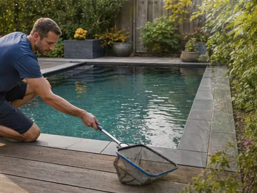 Person entfernt Blätter mit einem Kescher aus einem kleinen Gartenpool; Thema Poolpumpen, Schwerpunkt Vergleich; Titelbild.